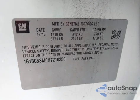 2017 Chevrolet Cruze Ls Auto z USA, uszkodzony, nr VIN 1G1BC5SM0H7210350